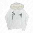 Jaqueta com capuz e zíper, gola de pele sintética, estilo Harajuku Punk Y2K, com estampa de caveira, modelo retrô hip hop, estilo gótico.