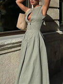 Vestido longo com zíper MUJER, plissado, sem mangas, justo ao corpo, elegante para festas de verão, modelo midi, lançamento da coleção 2025.