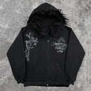 Jaqueta com capuz e zíper, gola de pele sintética, estilo Harajuku Punk Y2K, com estampa de caveira, modelo retrô hip hop, estilo gótico.