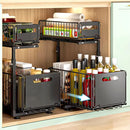 Organizador de armário deslizante de 2 níveis, prateleira de armazenamento ajustável para cozinha, organizador para debaixo da pia, suporte para potes de temperos, gaveta deslizante.