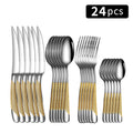 Conjunto de talheres de aço inoxidável com 24 peças, incluindo faca, garfo, garfo de sobremesa e colher. Ideal para toda a família.